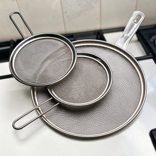 3-Pack Stainless Steel Splatter Screen Set for Frying Pans, Fine Mesh Oil Grease Guard with Resting Feet and Heat-Resistant Handle