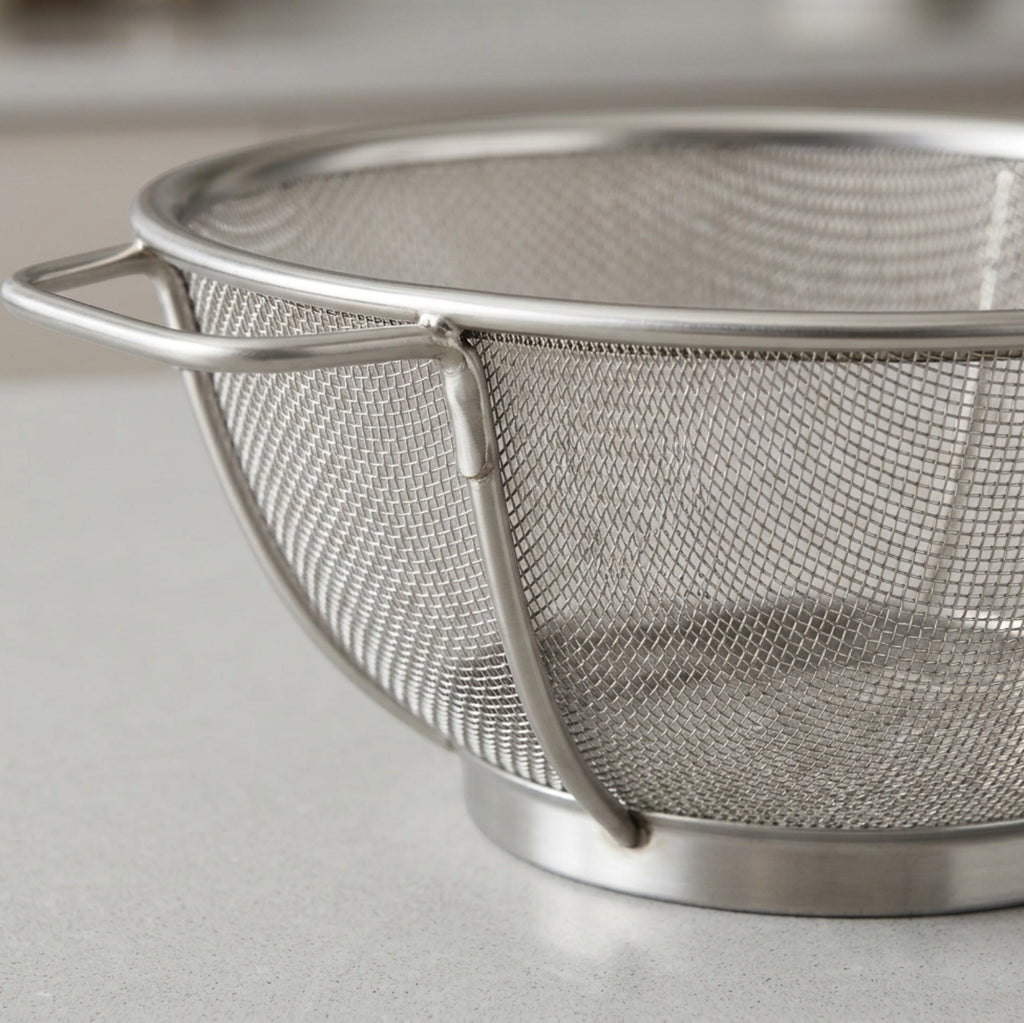 Bestd Rimrest Stainless Steel Mesh Draining Basket 9 in with Side Handles - Detail view