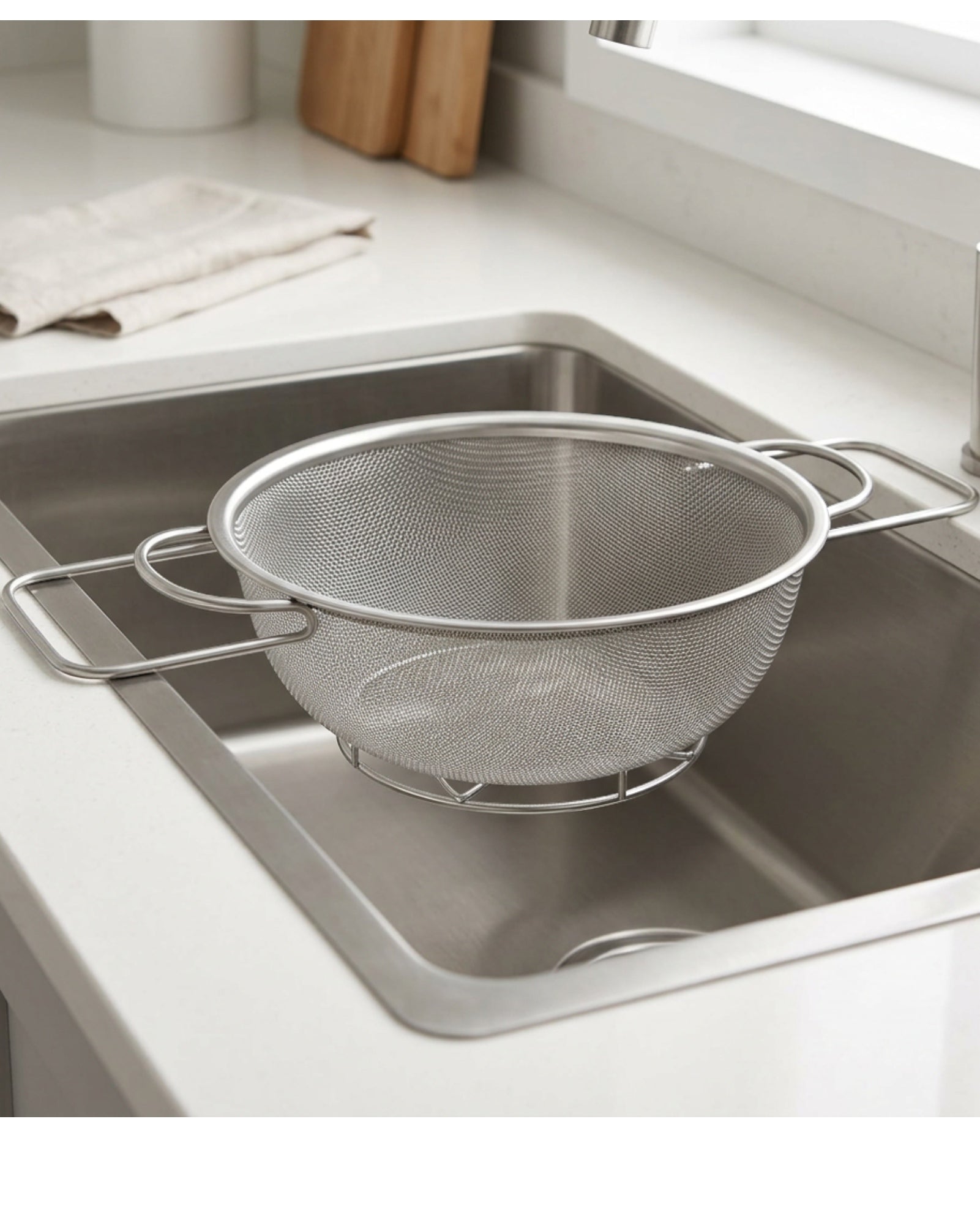 Bestd Rimrest Stainless Steel Mesh Draining Basket 9 in with Side Handles - Lifestyle view