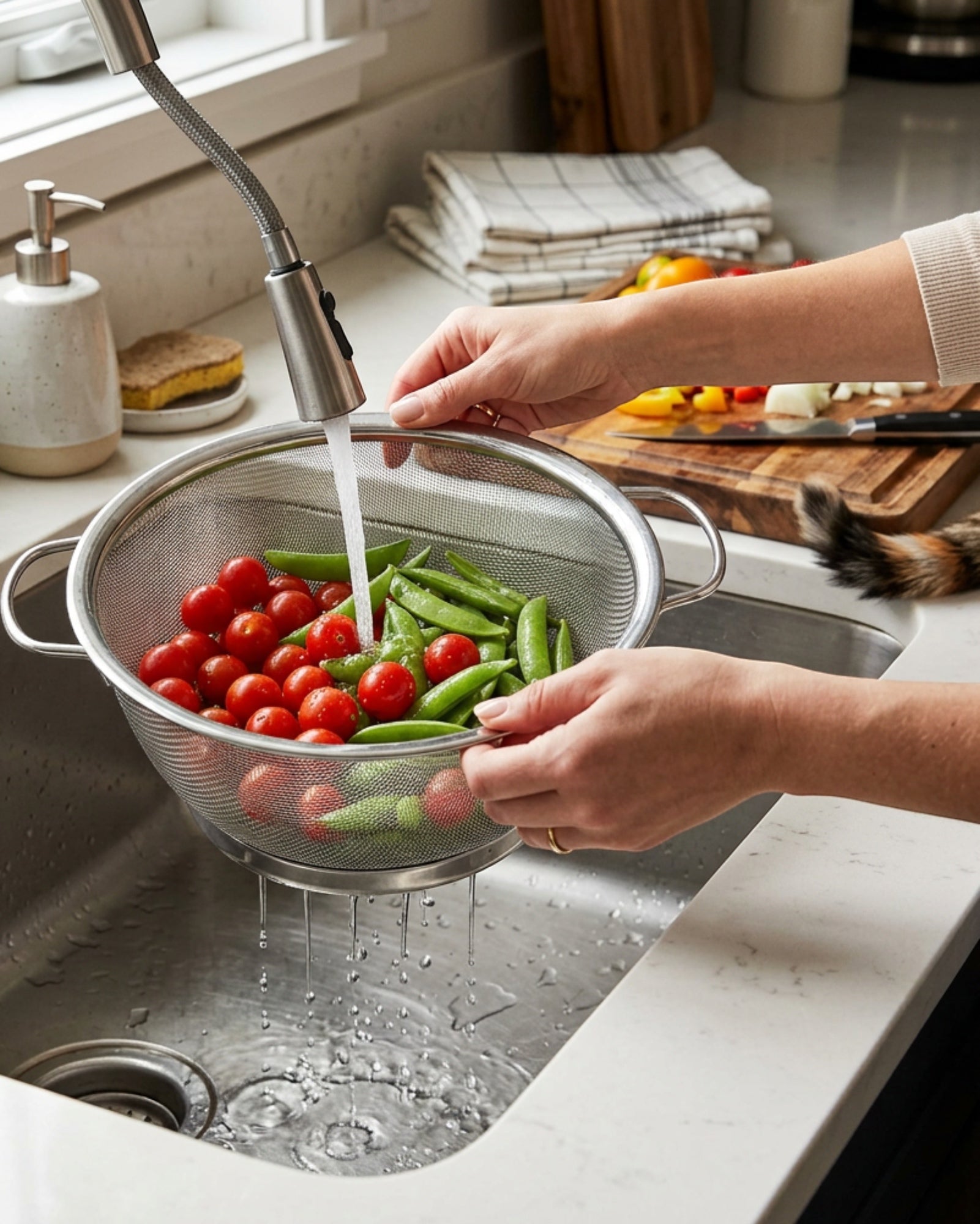 Round Stainless Mesh Draining Basket Side Handles 9 in
