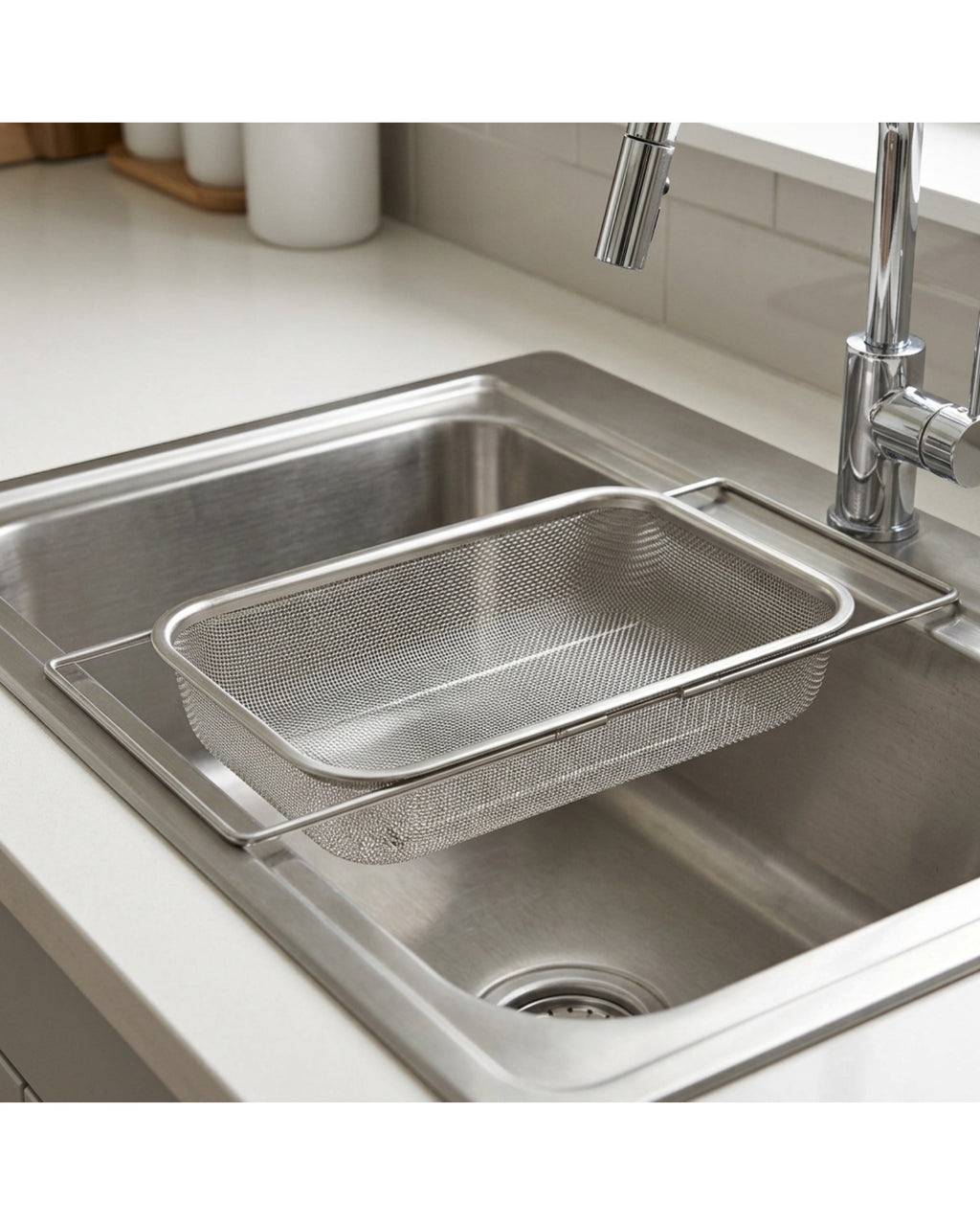 Bestd Spantray Over-Sink Stainless Steel Mesh Draining Basket 15 in - Lifestyle view