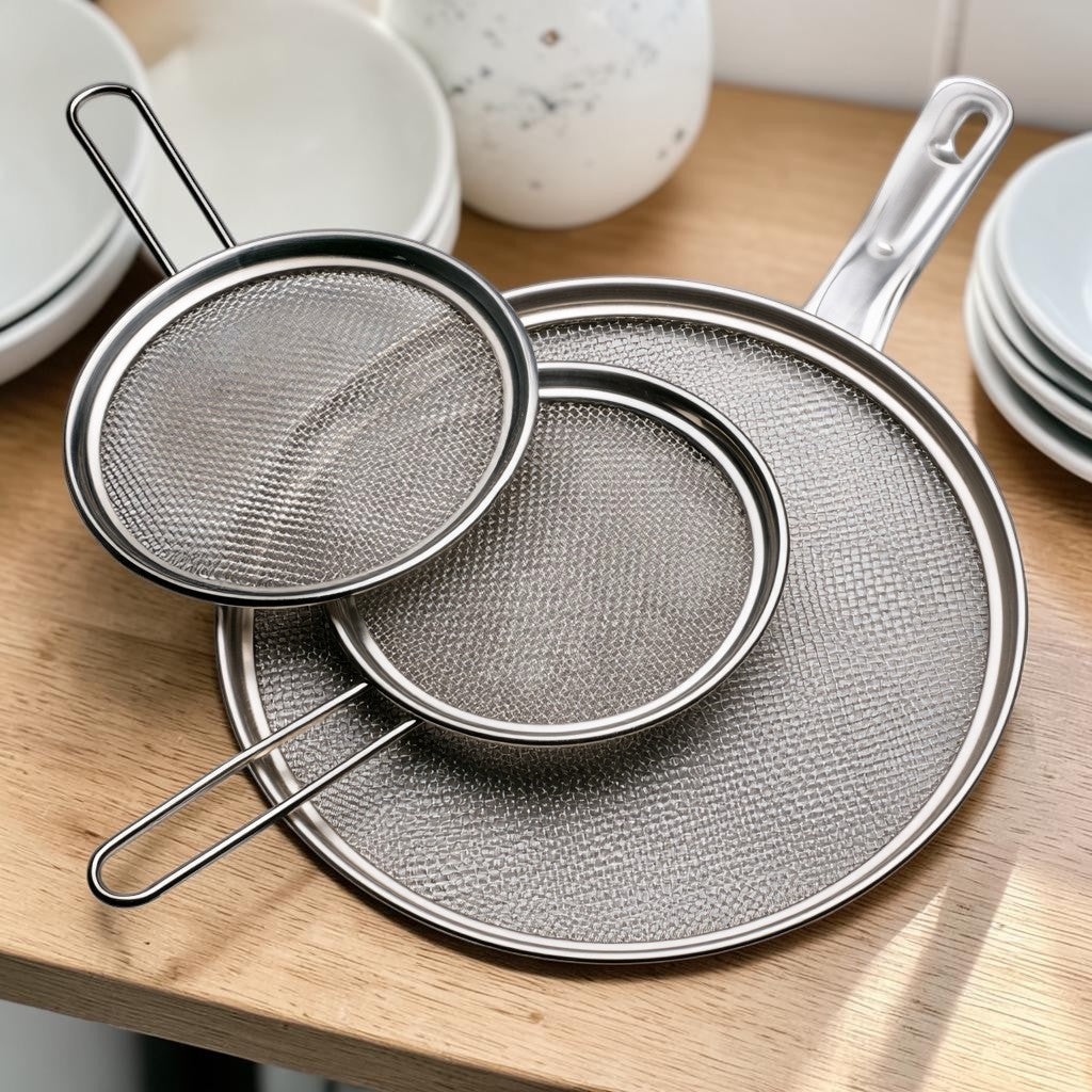 3-Pack Stainless Steel Splatter Screen Set for Frying Pans, Fine Mesh Oil Grease Guard with Resting Feet and Heat-Resistant Handle