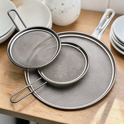 3-Pack Stainless Steel Splatter Screen Set for Frying Pans, Fine Mesh Oil Grease Guard with Resting Feet and Heat-Resistant Handle