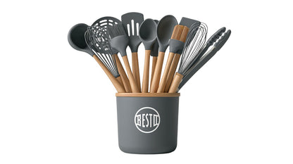 12-Piece Silicone Cooking Utensils Set with Natural Beechwood Handles, Heat-Resistant Kitchen Tool Set with Storage Bucket
