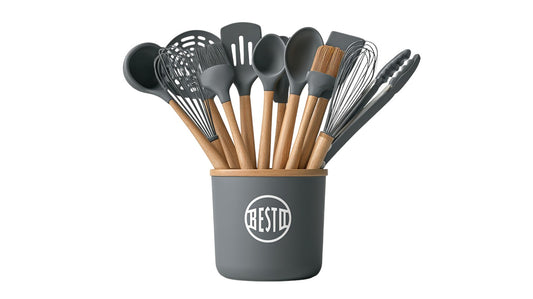 12-Piece Silicone Cooking Utensils Set with Natural Beechwood Handles, Heat-Resistant Kitchen Tool Set with Storage Bucket
