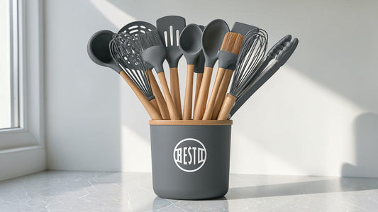 12-Piece Silicone Cooking Utensils Set with Natural Beechwood Handles, Heat-Resistant Kitchen Tool Set with Storage Bucket